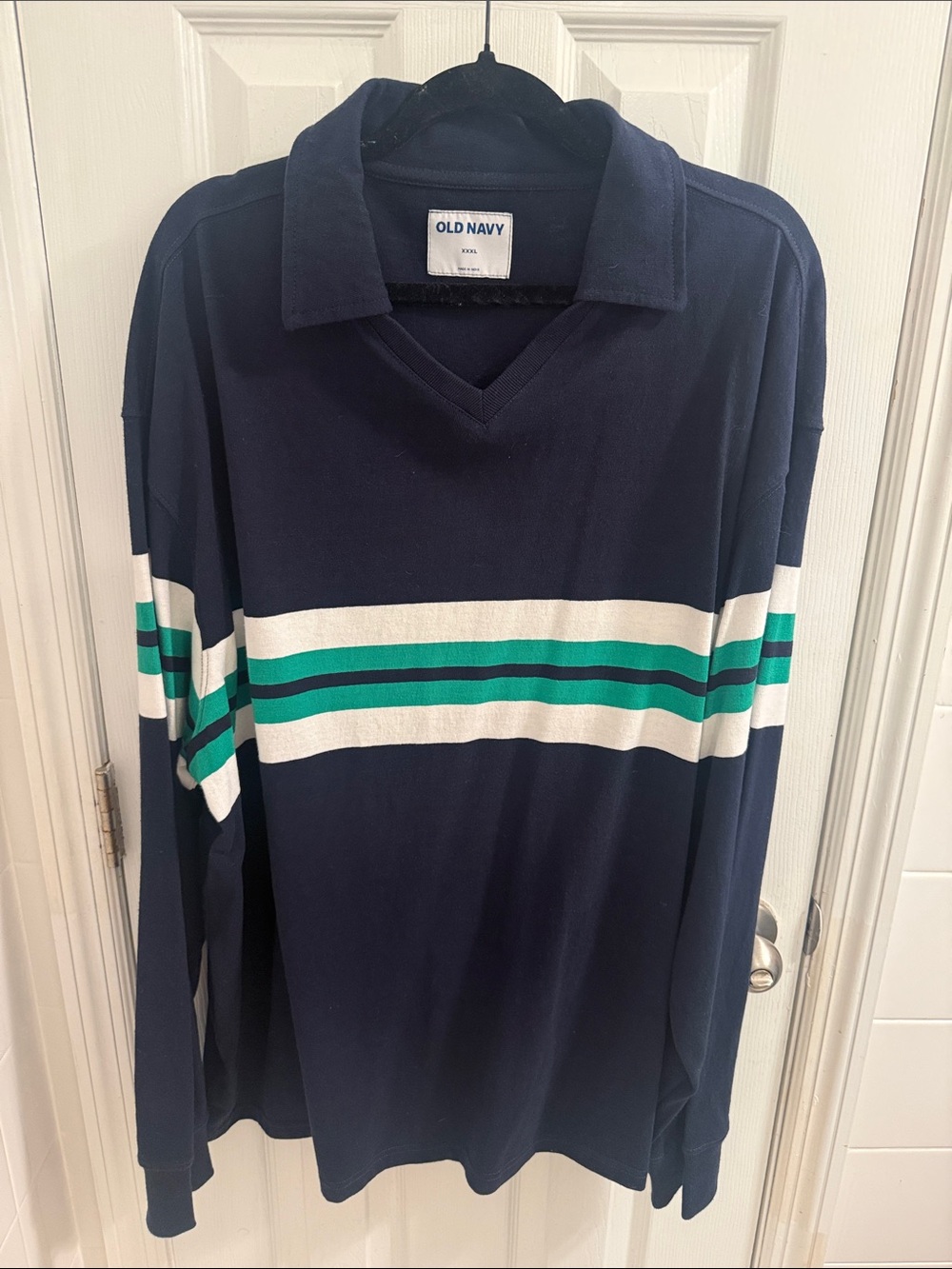 Old Navy Men's Navy Polo with White and Teal Stripe Detail